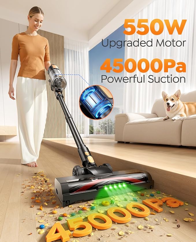 Cordless Vacuum Cleaner, 550W 45KPa 50Mins Vacuum Cleaners for Home, Powerful Stick Vacuum with Green LED Lights, Self-Standing & Anti-Tangle, Lightweight Vacuum for Pet Hair/Carpet/Hard Floor