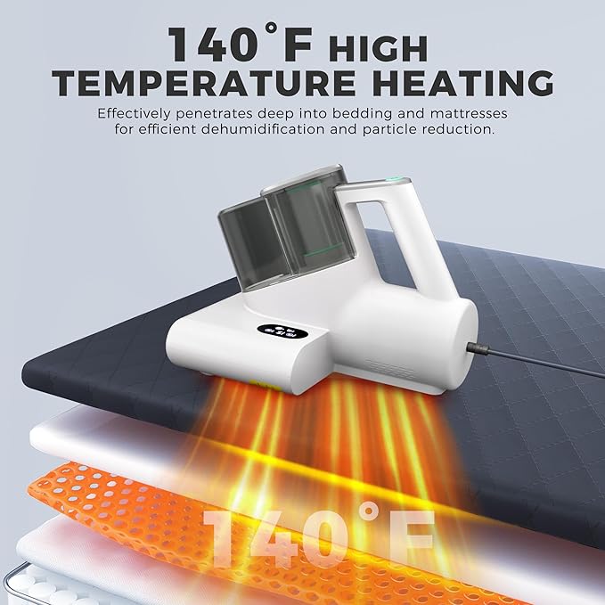 HAUSHOF Mattress Vacuum Cleaner, 16 Kpa Bed Vacuum Cleaner with 275nm UV-C Light, 140°F Heat, Ultrasonic, HEPA Filter, Dual Dust Cups, Versatile Handheld Vacuums for Bed, Sofa, Couch, Crib