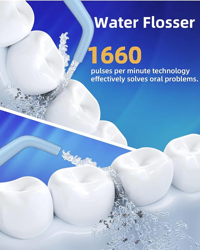 Electric Water Dental Flosser - Cordless Portable Teeth Cleaner, Rechargeable 320ML Larger Water Tank Oral Irrigator, 4 Modes with 5 Jet Tips and Travel Bag, IPX7 Waterproof (Blue)