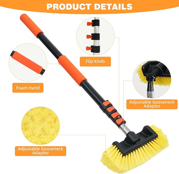 16FT Car Wash Brush with Long Handle Aluminium Telescoping Pole Angle Adapter with 2 Pcs 12" Soft and Hard Bristle Scratch-Free for Cleaning Car Truck RV House Floor Window Roof Solar Panels