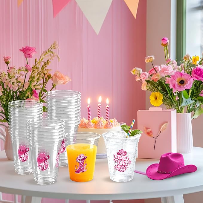 100 Pcs Pink Western Cowgirl Party Plastic Cups 12 OZ Disco Disposable Cups, Cowboy Hat Boot & Disco Ball Designs, Disco Cowgirl Party Baby Shower Decorations