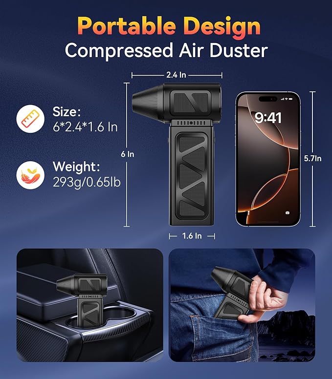 YUHUO Upgraded Compressed Air Duster, 360000 RPM Electric Air Duster with Powerful Motor, Rechargeable Battery, 5-Gear Cordless Mini Blower Jet Turbo Fan, Dust Blower for PC Keyboard Car Dryer Desk