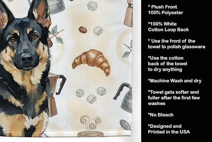 Caroline's Treasures Black and Tan German Shepherd Coffee Bar Kitchen Towel Velour Plush Front and Cotton Loop Back Machine Washable