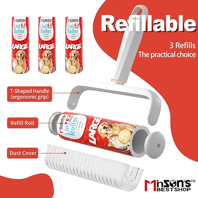 Minson’s BestShop Extra Sticky Lint Roller, 6.3” Extra Wide, 360 Sheets for Pet Hair Removal, The Solo Pack with 1 Ready to Use Handle & 3 Refills, Dog and Cat Lint Remover