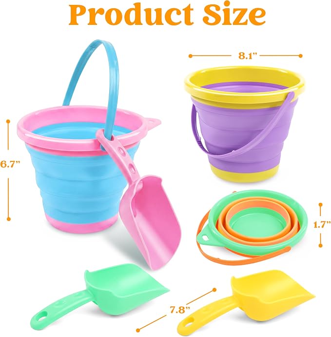 JOYIN 3 Packs Foldable Pail Bucket with Shovels & Mesh Bag, Collapsible Buckets Multi Purpose for Beach, Camping Gear, Beach Party, Fishing, and Fun Summer Activities (Orange/Blue/Purple)