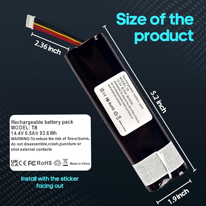 6.5Ah Battery Compatible with Yeedi vac Series、Ecovacs Deebot T5、T8、T9、T10、T20、X1、950 Robotic Vacuum Cleaners Replacement Battery Pack,Side Brush(2pcs)