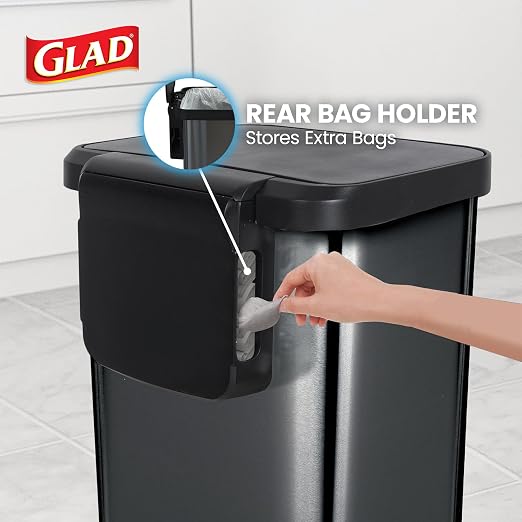 Glad 13 Gallon Stainless Steel Trash Can with Clorox Odor Protection | Large Metal Kitchen Garbage Bin with Soft Close Lid, Garbage Bag Rings, Step On Foot Pedal and Waste Bag Roll Holder, Pewter