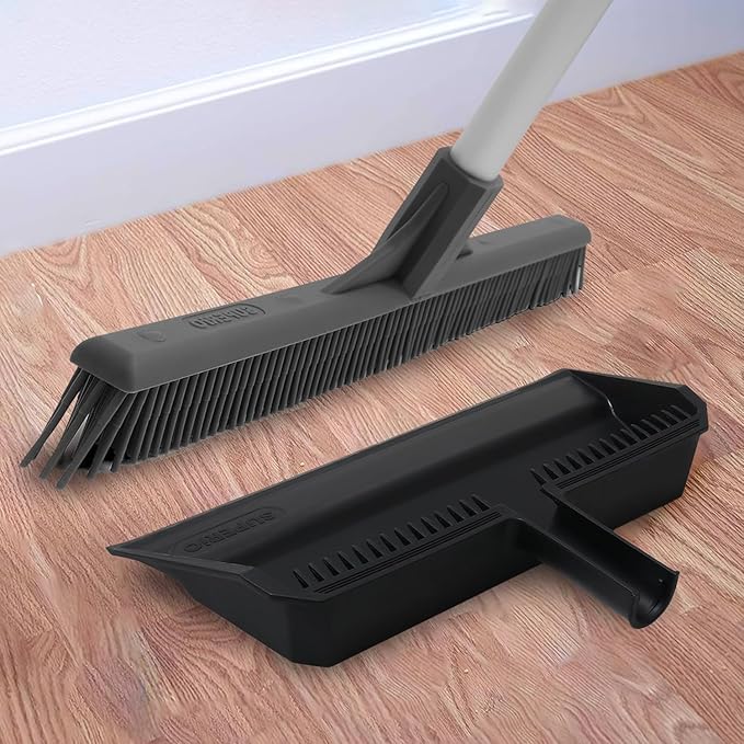 Superio 16 Silicone Pet Hair Remover Broom & 16 Dustpan with Comb, Rubber Lip & Clip - Carpet Rake Floor Cleaning Set for Carpet, Hardwood & Tile - Removes Fur, Dust & Debris