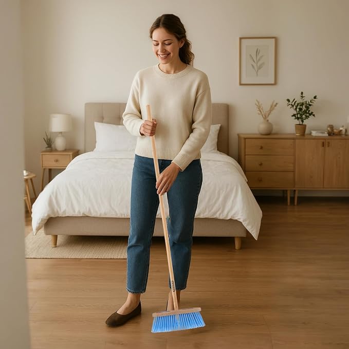 Superio Kitchen Broom - USA Wood Handle, Fine Premium Blue Bristles - Heavy Duty Household Broom - Easy Swiping Dust and Wisp, Home, Kitchen, Lobby, Floors and Corners.