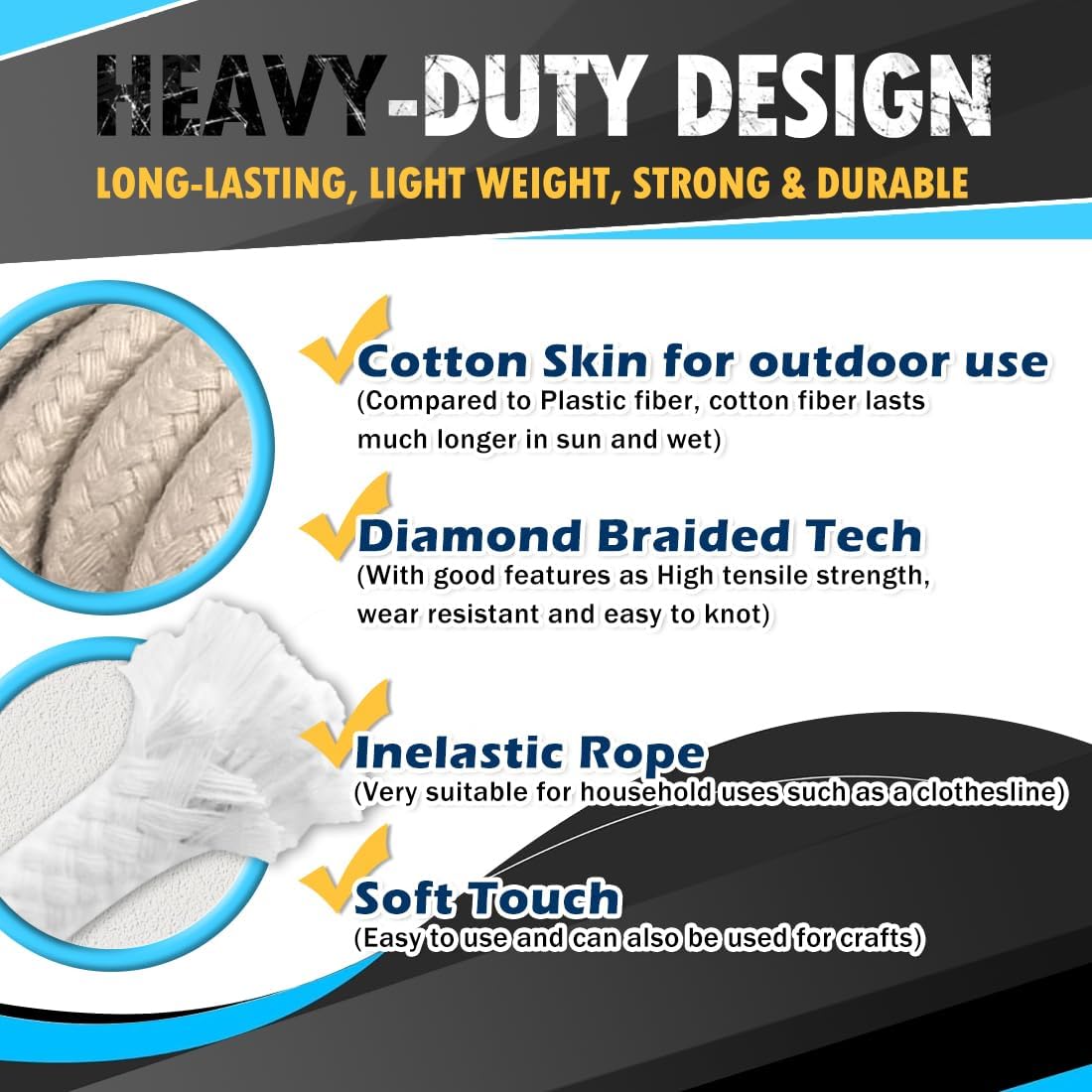 PerkHomy Cotton Rope 3/16" (5mm) 100 ft Multi Purpose Utility Diamond Braided Cord, Natural Cotton for Clothes Line Camping Crafting Flag Pole, Black