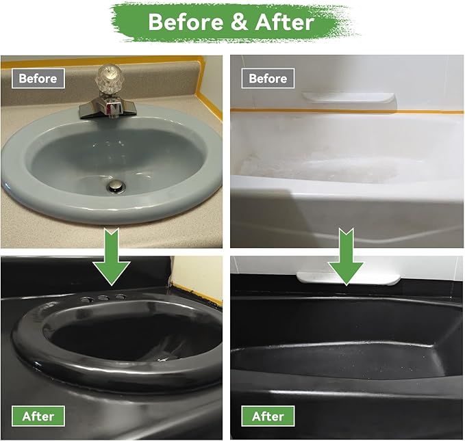 styleonme Waterbased Tile Paint Black, 50-60sq.ft, Bathtub Washbasin Toilet Ceramic Tile and Kitchen Countertop Refinishing, Odorless and Non-Toxic Heavy Glaze Epoxy Resin Coating (With tools)