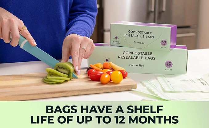 100% Certified Compostable Quart & Gallon Bags (30+50 Counts), Resealable BioBased Bags, Leak Proof And Freezer Safe, Extra Strength Storage Bags, Also Available in Snack & Sandwich Size | Biobased, Leak-Proof, Durable, Freezer-Safe, Extra Strong