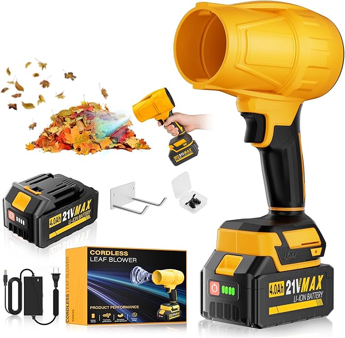 Portable Electric Cordless Leaf Blower – 400000RPM Handheld Blower with 4.0Ah Batteries & Charger, Variable Speed Lightweight Air Duster for Snow, Lawn, Patio & Dust Cleaning, Yellow