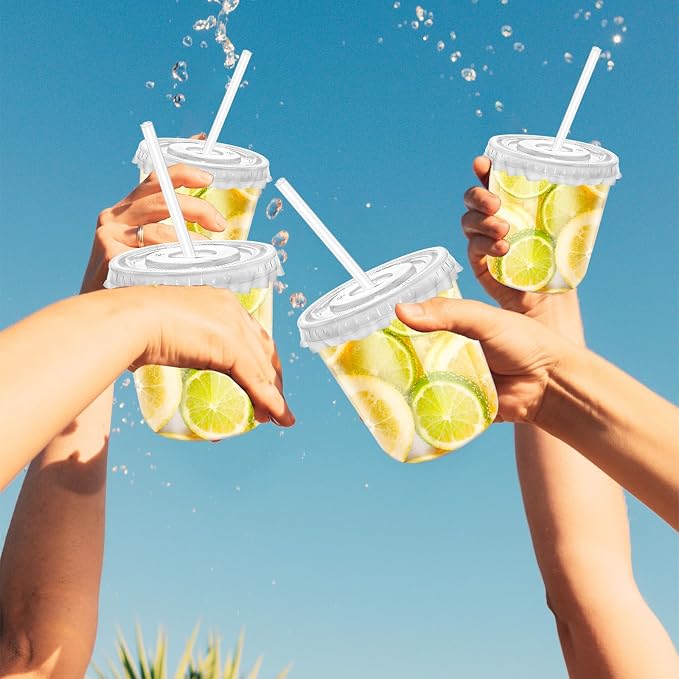 12oz Disposable Stemless Glasses with Flat Lids and Straws,PET Disposable Drinking Cups,Clear Plastic Wine Glasses for Parties Birthday,Wedding,Meeting,Christmas Party Supplies. (100, Transparent)