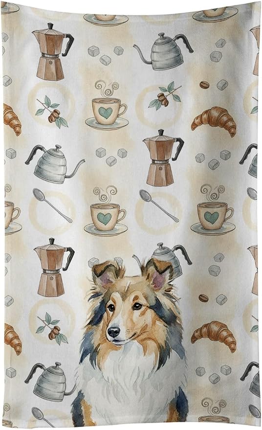 Caroline's Treasures Sable Sheltie Coffee Bar Kitchen Towel Velour Plush Front and Cotton Loop Back Machine Washable