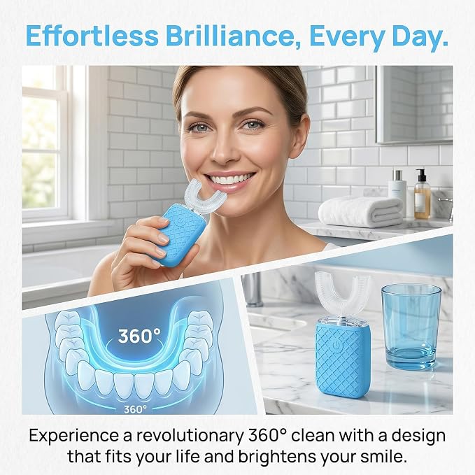 Sonic Electric U Shaped Toothbrush for Adults, Automatic Full Mouth Cleaning Toothbrush, 360° Stain Removal, IPX7 Waterproof Rechargeable, 3 U-Shape & 2 Straight Brush Heads (Blue-Cup)