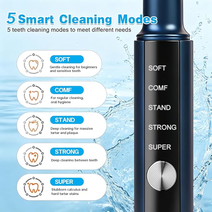 T9 Ultimate Electric Teeth Cleaner - Ultrasonic Tooth Cleaning, Violet Light Protection, 316F Stainless Steel Heads, 5-Speed Modes, IPX6 Waterproof, Oral Care Kit with 7 Accessories‌ (Blue)