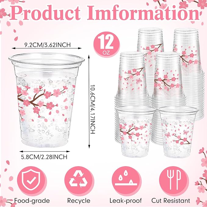 100 Pack Cherry Blossom Plastic Cups 12 oz Pink Cherry Blossom Disposable Clear Plastic Drinking Cups Bulk for Spring Baby Shower Birthday Wedding Holiday Party Decorations Supplies