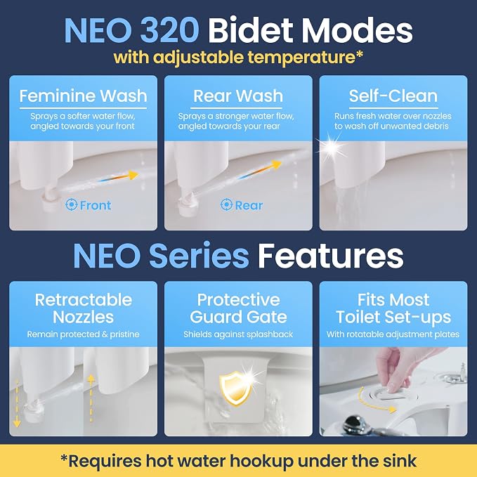LUXE Bidet NEO 320 - Warm Water, Dual Nozzle, Self-Cleaning, Non-Electric Bidet Attachment for Toilet Seat, Adjustable Water Pressure, Rear & Feminine Wash (Blue)