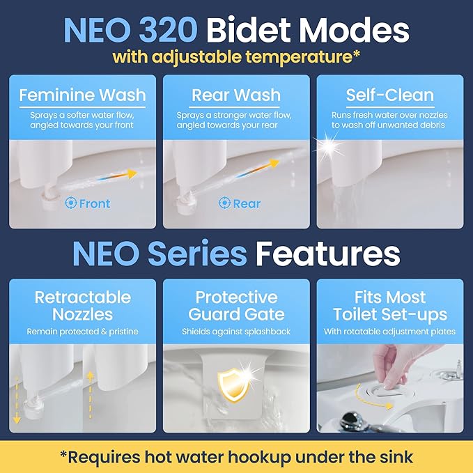 LUXE Bidet NEO 320 - Warm Water, Dual Nozzle, Self-Cleaning, Non-Electric Bidet Attachment for Toilet Seat, Adjustable Water Pressure, Rear & Feminine Wash (Gold)