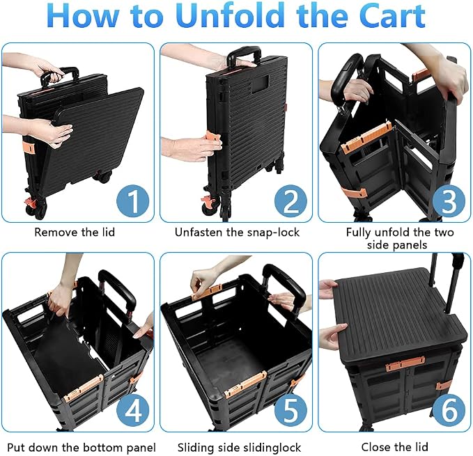 FELICON SELORSS Foldable Utility Cart Folding Portable Rolling Crate Handcart with Heavy Duty Telescoping Handle Collapsible 4 Rotate Wheels for Travel Shopping Move Luggage Office Use(Black+Black)