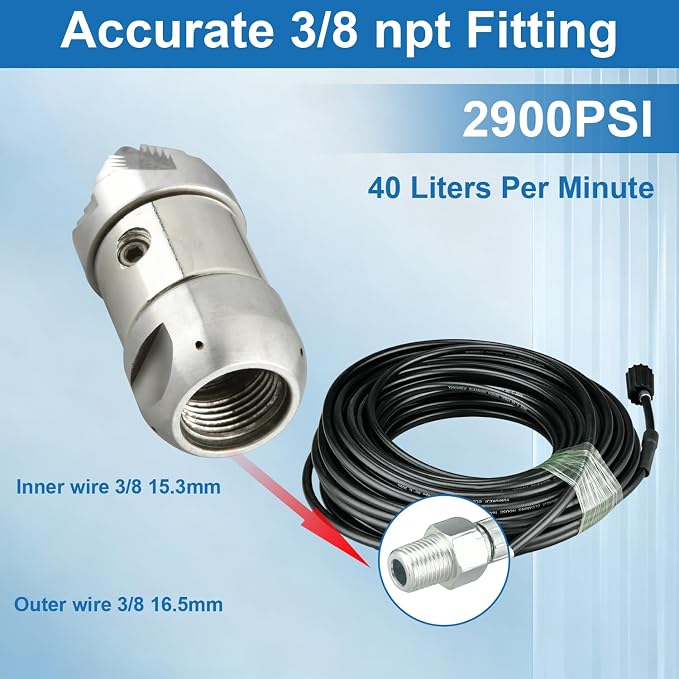 3/8 npt Sewer Jetter Nozzle for 2900 PSI, 40 L/min Pressure Washer - Stainless Steel, 360°Quickly Rotating for Municipal Drain Pipe Cleaning(Small Size)