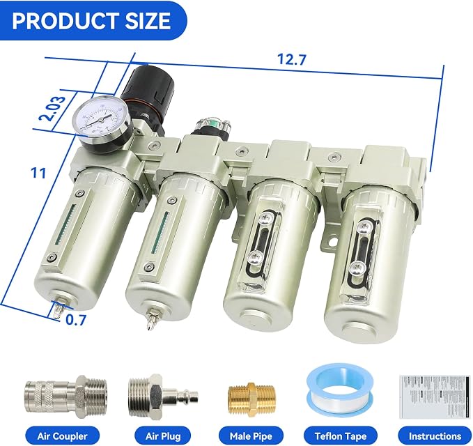 4 Stage 3/4" Air-Dryer-for-Compressor for Plasma Cutter and Paint Spray | 2Filter&2Dryer NPT Industrial Grade Air-Compressor-Water-Separator-System Manual Drain