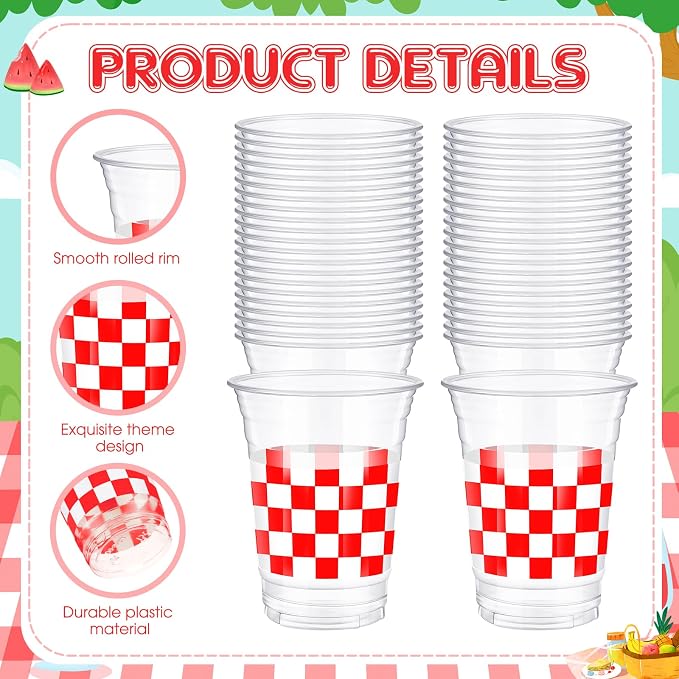SiliFine 50 Pcs 12 oz Red Checkered Plastic Cups Clear Disposable Gingham Plaid Party Cups for She's Ready to Pop Baby Shower Decorations Birthday Barbecue Party Supply