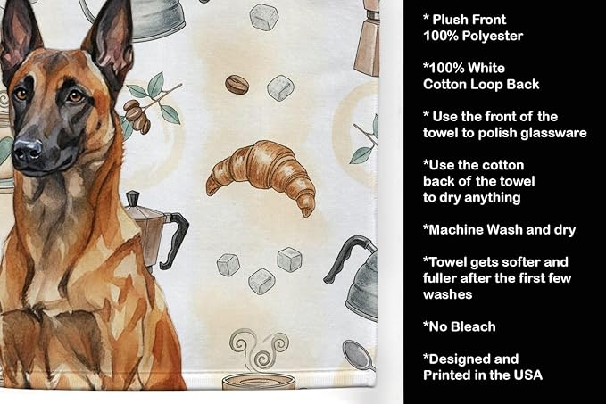Caroline's Treasures Mahogany Belgian Malinois Coffee Bar Kitchen Towel Velour Plush Front and Cotton Loop Back Machine Washable