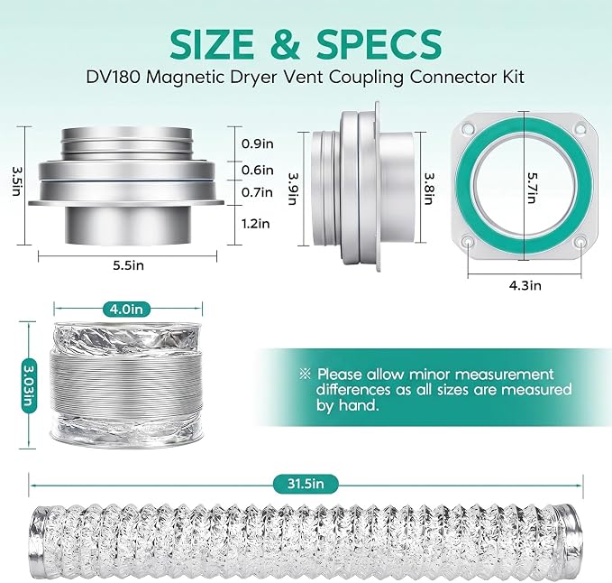 DV180 Magnetic Dryer Vent Coupling Connector Kit, Airtight Magnetic Quick-Connect for 4 Inch Hose, Easy to Clean & Maintain, Includes 2.6ft Flexible Ducting, 2 Clamps and Sealing Tape