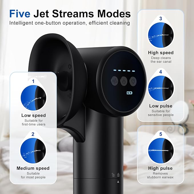 Upgraded Ear Wax Removal, Electric Ear Cleaner with Mild Drying, Safe & Gentle Automatic Ear Cleaner, Cleaning with Dual-Compartment Design, Electric Ear Wax Removal 5 Pressure Settings, IPX7, Black