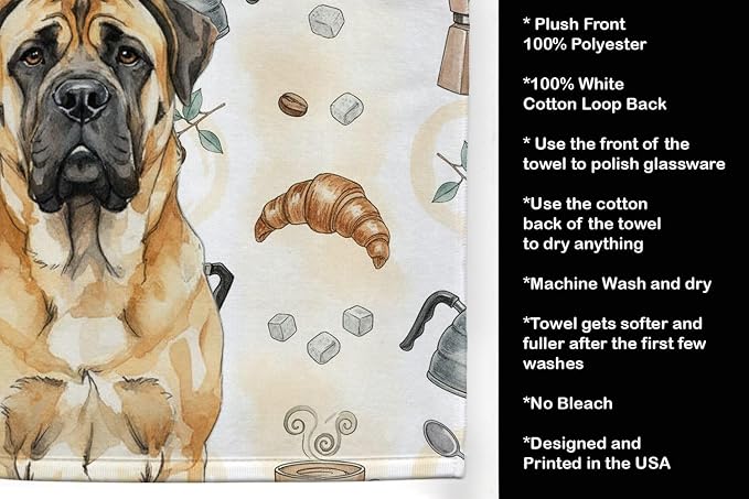 Caroline's Treasures Fawn Mastiff Coffee Bar Kitchen Towel Velour Plush Front and Cotton Loop Back Machine Washable