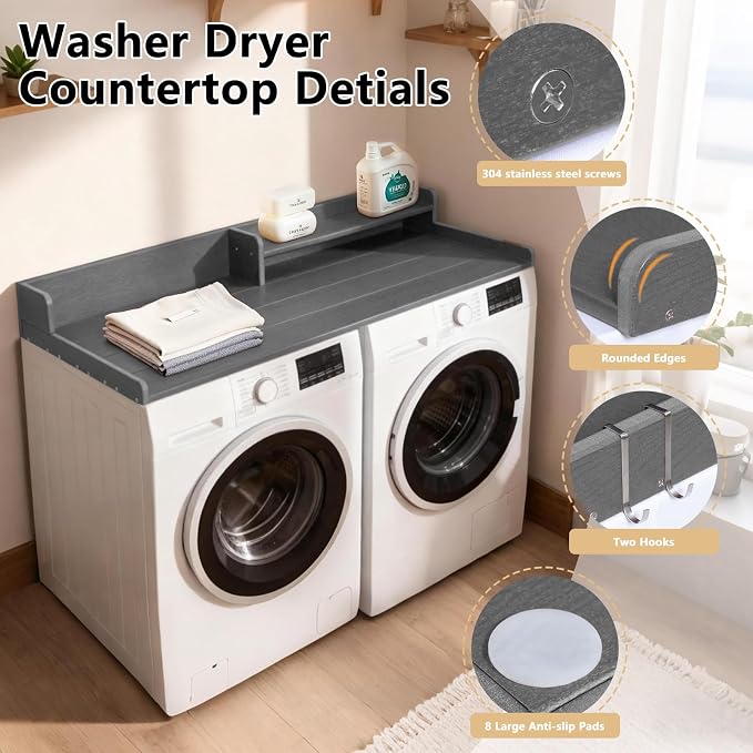 Washer Dryer Countertop, HDPE Laundry Countertop with Storage Shelf and Edge Rails-Grey