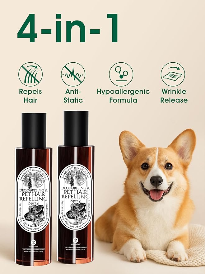 4-in-1 Pet Hair Remover Spray, Pet Hair Dissolver & Odor Neutralizer, Plant Based Enzymes, Safe for Pets, Clothes & Furniture, Refresh Pine Nut Scent, 13.52 fl oz, 2 Full Size Pack