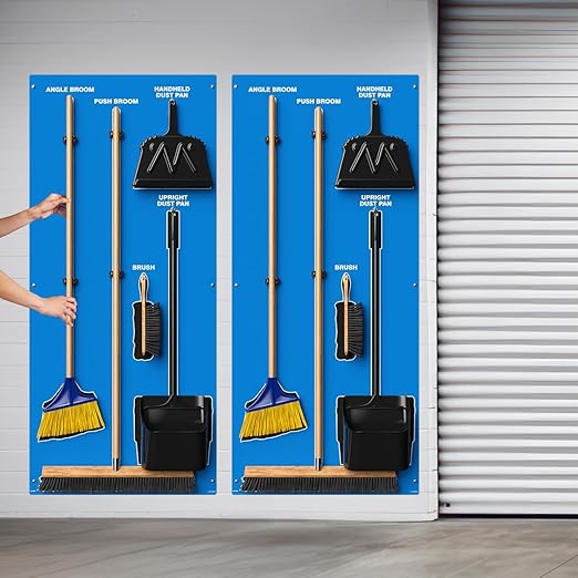 Clean & Sweep 5S Shadow Board/Wall Mount Broom Holder, 68" x 30" Board, 5S Cleaning Station - with Broom and Dustpan Set Included, Made in The USA by AccuformNMC, Blue/Black, PSB716BUBK