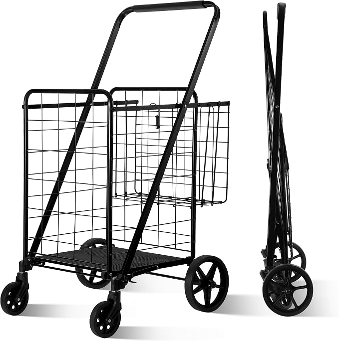 BIEAMA Folding Shopping Cart, 340 Lb Capacity Grocery Cart, Large Size | Heavy Duty Utility Cart with 360 Rolling Swivel Wheels, Extra Basket