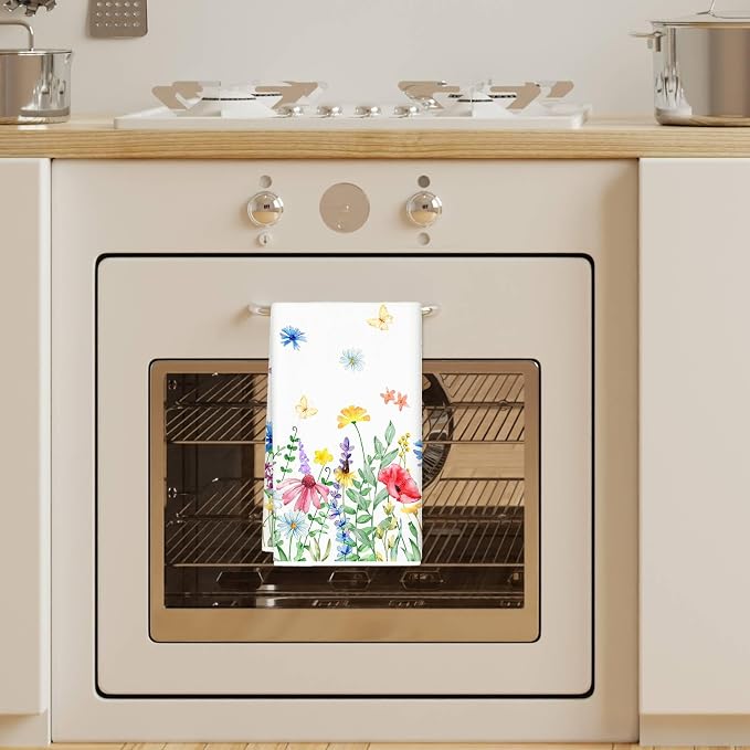 JarThenaAMCS 6Pcs Spring Summer Floral Kitchen Dish Towels Watercolor Wildflower 18 x 28 Inch Assorted Colorful Flower Hand Drying Tea Towels for Bathroom Farmhouse Baking Cooking Cleaning Wipes
