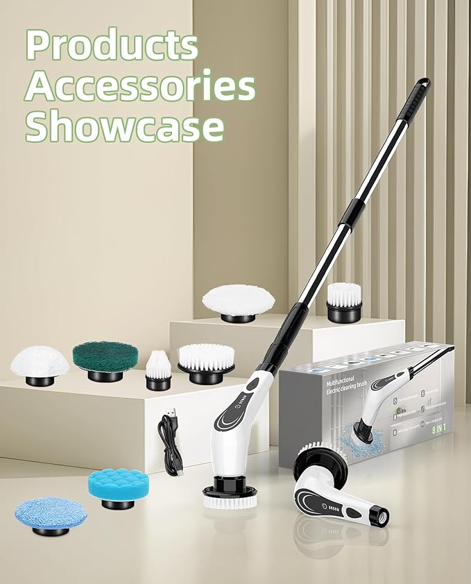 Electric Spin Scrubber, Cordless Power Scrubber with 8 Replaceable Brush Heads, 2-Speed Adjustable Handle, IPX7 Waterproof Shower Scrubber for Bathroom, Tile, Tub, Teens, White-qe1