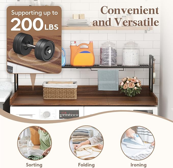 Lifewit Washer Dryer Countertop with Adjustable Shelf, Melamine Cover for The Top with Edge Rails, Towel Rack for Laundry Room Storage and Organization, Hold 200lbs, Walnut, 54" x 27.5"