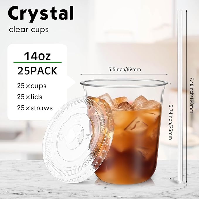 Ziliny 25 Set Clear Plastic Cups with Lids and Straws, Disposable Iced Coffee PET Cups for Drinking Cold Beverage Juice Parfait Smoothie Milkshake Coffee Shops Party Supplies (14 oz)