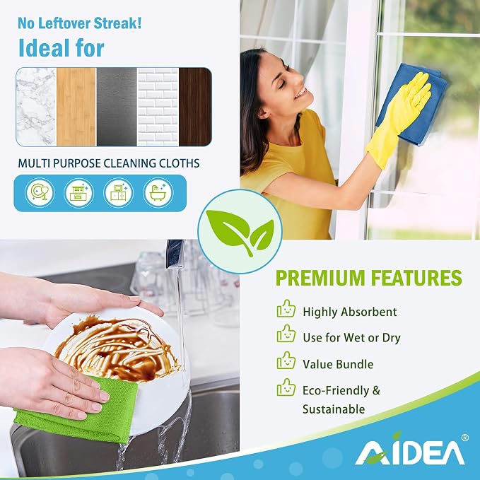 AIDEA Microfiber Cleaning Cloth, 400PK, Soft Absorbent Rags, Microfiber Towels for Cars, Kitchen Towels, Dusting Cloth for Home, Window, Cleaning Supplies, 12"×12"