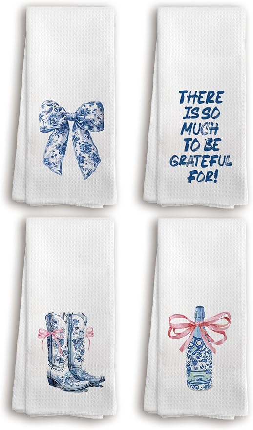 Coquette Pink Blue Bow Chinoiserie Decor Hand Towels for Bathroom,Preppy Blue and White Coastal Cowgirl Kitchen Towels, Women Teen Girls Gifts,16 x 24 inches Set of 4