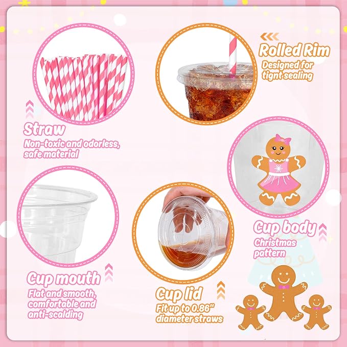 Whaline 50 Pcs 12 Oz Christmas Disposable Plastic Cups with Lids and Straws Cute Pink Gingerbread Man Cold Beverage Drinking Cups for Xmas Birthday Party Supplies