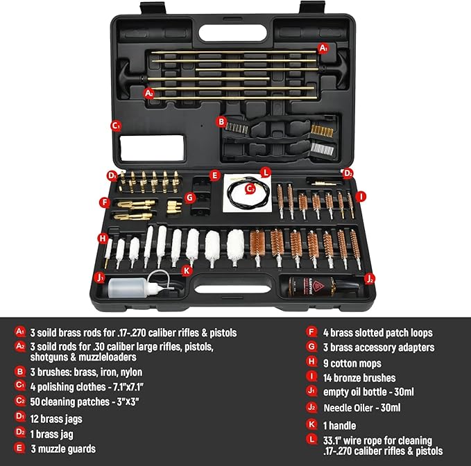 GLORYFIRE Gun Cleaning Kit Universal for Guns, Gun Brushes for Pistol, Handgun, Shotgun, Elite Brass Rods and Wire Rope, Hunting Gear Gun Accessories for Men