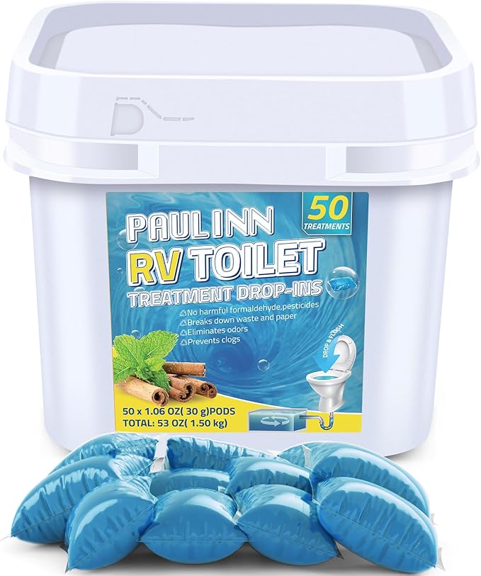 PAULINN RV Toilet Treatment Drop Ins, 50 Packs Septic Tank Treatment Pods Holding Tank Deodorizer for RV Black & Grey Water Tank Camper Marine Boat Camping