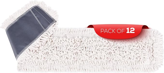 Kleen Handler 48" Commercial Dust Mop Replacement Heads, 12 Pack Industrial Loop End Flat Dust Mop Pads, Washable Cotton Mop Refill for Floor Cleaning, Natural