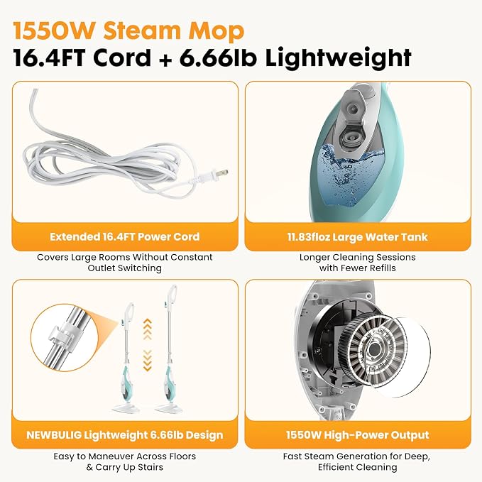 14-in-1 Steam Mop, 1550W Detachable Handheld Steam Cleaner for Floor Cleaning, 16.4 FT Cord, 2 Washable Pads, Multi-Purpose Floor Steamer for Hardwood, Carpet, Tile, Grout