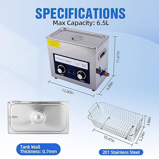 6.5L Ultrasonic Cleaner Machine with Heater Timer, 180W Stainless Steel Ultrasonic Washing Machine, 40KHz Sonic Jewelry Glasses Parts Washer for Jewelry Eyeglasses Tools Parts