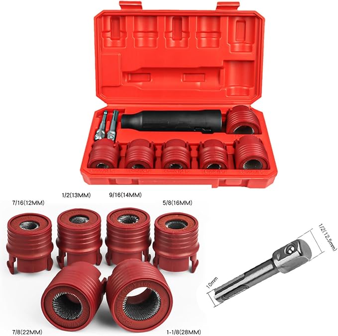 9 Piece Automotive Wheel Stud Cleaner Tool Set for Removing Rust and Debris, Includes 1/4-inch Hex to 1/2-inch Square Adapter to Allow for Use with Drills and Pneumatic Tools