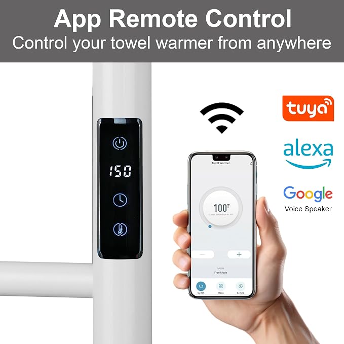 Electric Towel Rack with Voice Control for Alexa & Google Home,TUYA-Wall-Mounted Bathroom Heating Towel Warmer,Stainless Steel Material,31.5x20.08x4.41in,Plug-in,White,10 Bars